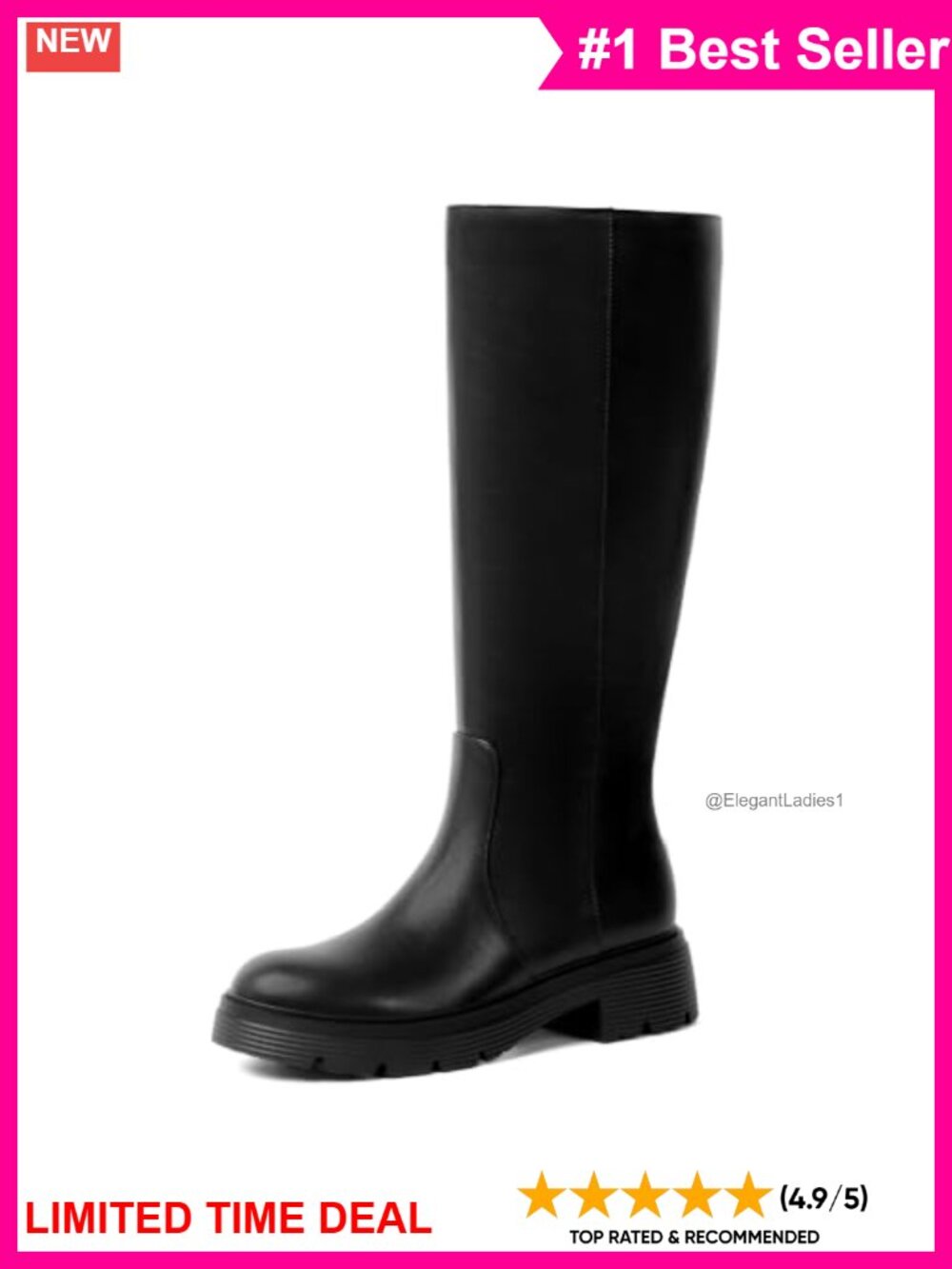 Faux Leather Knee High Boots Chunky Block Heel Braided Strap Round Toe